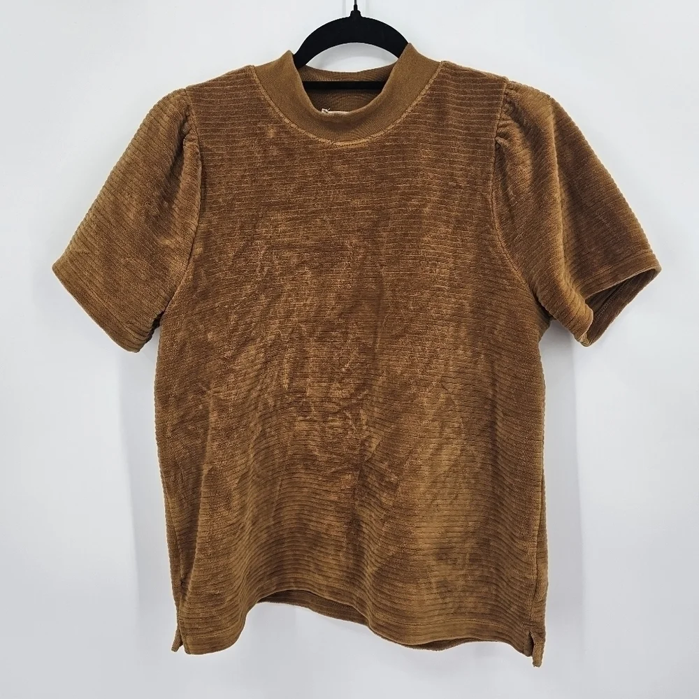 Madewell‎ Velour Corduroy Mockneck Top Short Puff Sleeves Size S